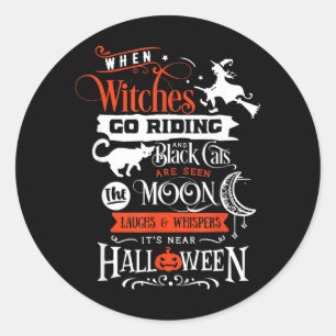 Sticker Rond Sorcières Chats Noirs Et Lune Halloween