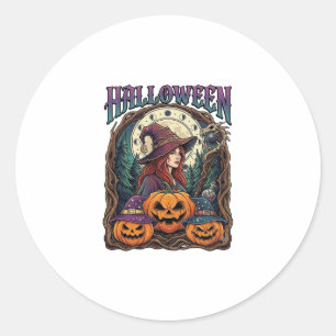 Sticker Rond Sorcières d'Halloween Citrouilles Phases de la Lun
