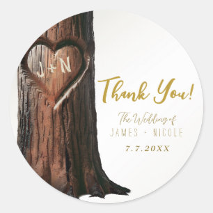 Sticker Rond Souche d'arbre à cœur sculpté Mariage rustique min