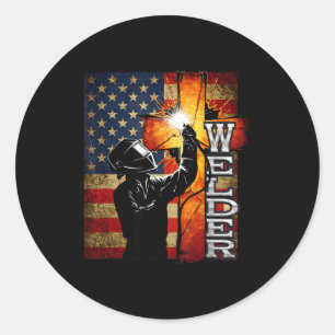 Sticker Rond Soudeur Drapeau Américain Soudage Croix De Foi Chr