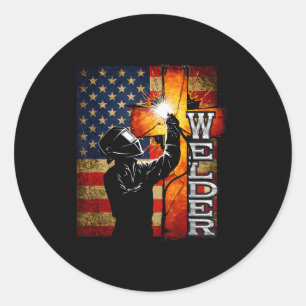Sticker Rond Soudeur Drapeau Américain Soudage Croix De Foi Chr
