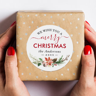 Sticker Rond Souhaitez-Vous Un Joyeux Noël Poinsettia Faveur Fl