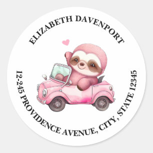 Sticker Rond Sourire rose Sloth conduisant une adresse converti