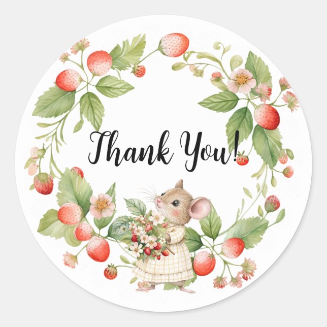 Sticker Rond Souris aux fraises Baby shower Carte de remercieme (Devant)