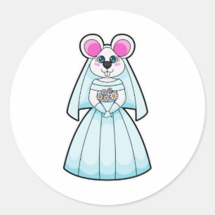 Sticker Rond Souris comme Mariée avec Bunch de fleurs