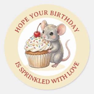Sticker Rond Souris d'anniversaire avec Cupcake Saupoudré d'a
