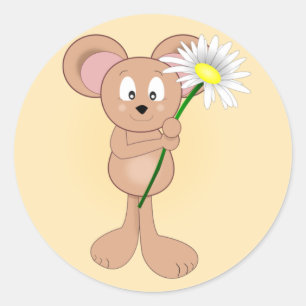 Sticker Rond Souris de dessin adorable avec fleurs