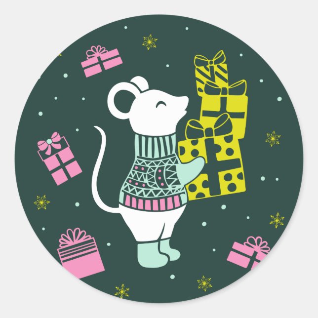 Sticker Rond Souris de Noël avec présentants Illustration (Devant)