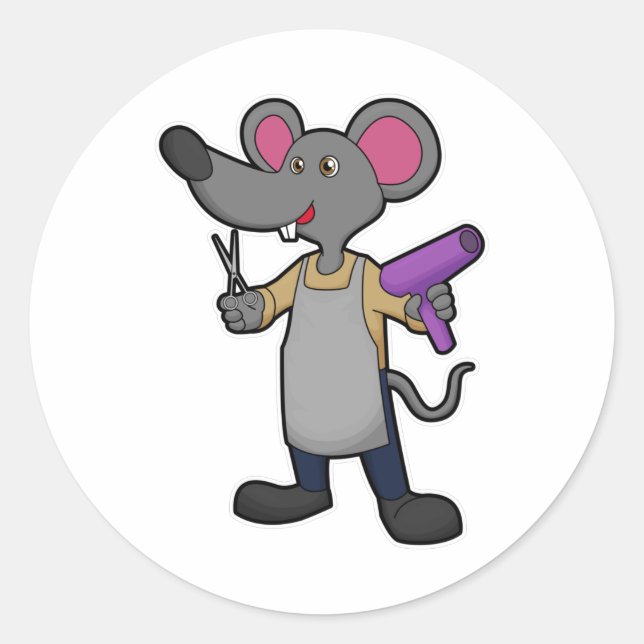 Sticker Rond Souris en coiffeur avec ciseaux et sèche-cheveux (Devant)