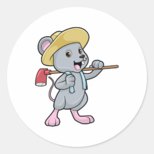 Sticker Rond Souris en fermier avec Ax et Casquette