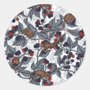Sticker Rond Souris et mûres sur blanc