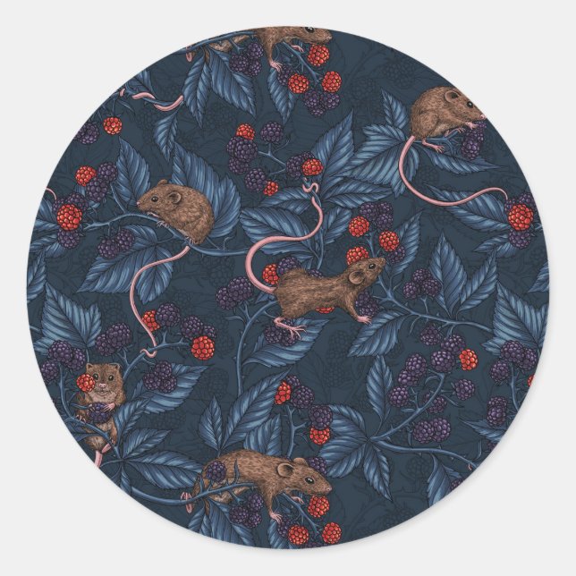 Sticker Rond Souris et mûres sur la marine (Devant)