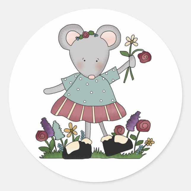 Sticker Rond Souris grise dans le jardin fleuri (Devant)