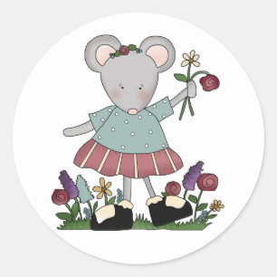 Sticker Rond Souris grise dans le jardin fleuri