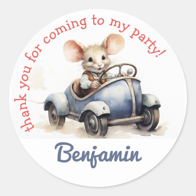 Sticker Rond Souris Mignonne dans une Voiture Enfants Anniversa (Devant)