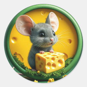 Sticker Rond Souris mignonne tenant du fromage drôle faune mign