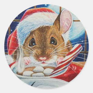 Sticker Rond Souris Santa Field avec Cocoa chaud Aquarelle Art
