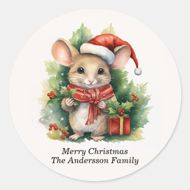 Sticker Rond Souris Santa Hat Joyeux Noël Nom (Devant)