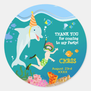 Sticker Rond Sous la mer dauphins et fête d'anniversaire garçon