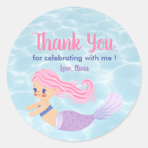 Sticker Rond Sous la mer Filles Sirène Anniversaire Merci