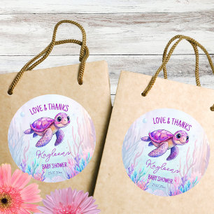 Sticker Rond Sous la mer mignonne tortue rose baby shower faveu