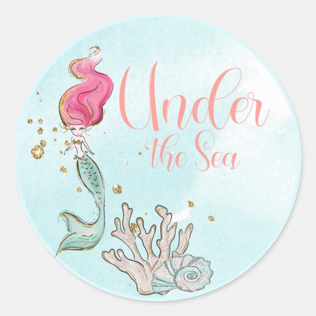 Sticker Rond Sous la mer Sirène Anniversaire Favor (Devant)