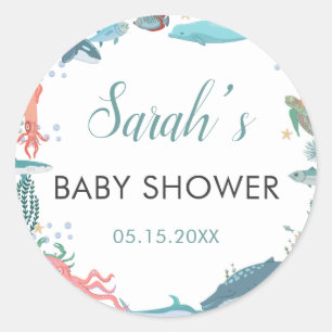 Sticker Rond Sous le Baby shower Sea Cute Ocean Animaux RSVP