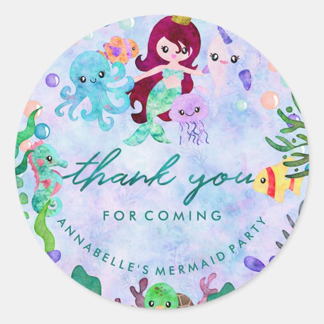 Sticker Rond Sous le thème de la sirène de mer Anniversaire Mer (Devant)
