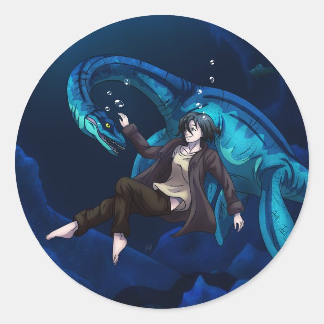 Sticker Rond Sous l'eau avec Plesiosaurus (Devant)