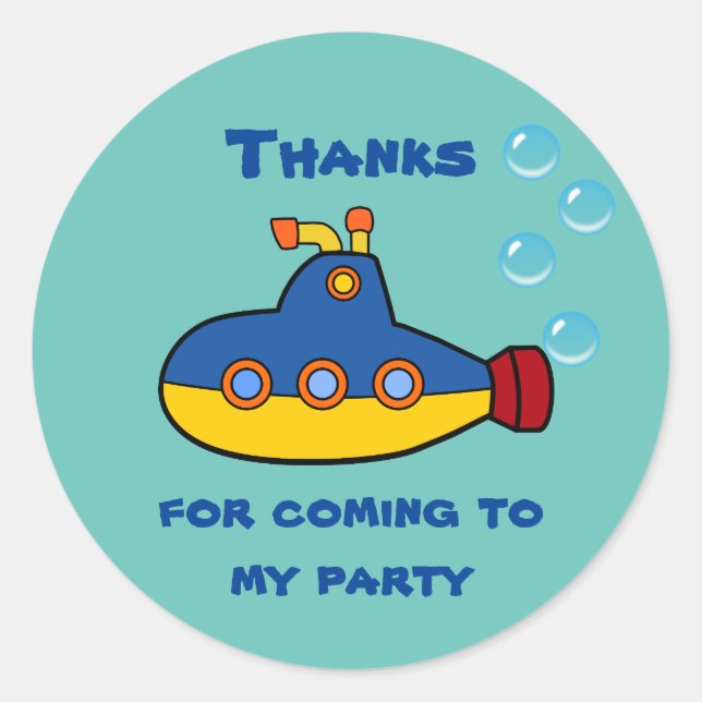 Sticker Rond Sous-marin Jaune et Bleu Jouet Merci d'anniversair (Devant)