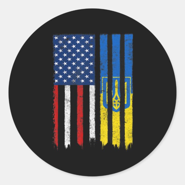 Sticker Rond Soyez Avec L'Ukraine Ukrainienne Américaine Flag P (Devant)