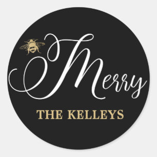 Sticker Rond Soyez Merry Holiday Enveloppe Sceau, Noir & Or