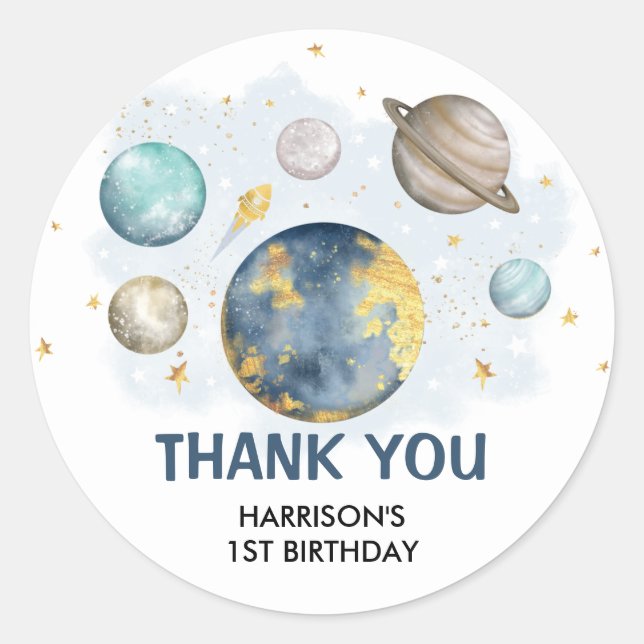 Sticker Rond Space Galaxy Planètes Lune Stars Bébé Garçon Anniv (Devant)