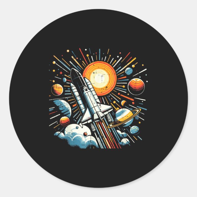 Sticker Rond Space Shuttle Sun Planets Rocket Galaxy Boys Kids  (Devant)
