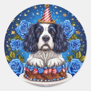 Sticker Rond Spaniel Chien Célébrant un Anniversaire avec un Ch