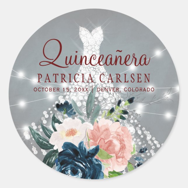 Sticker Rond Sparkle princesse diamant robe quinceanera florale (Devant)