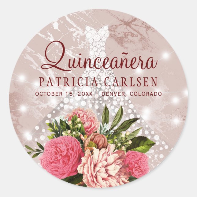 Sticker Rond Sparkle princesse diamant robe quinceanera florale (Devant)