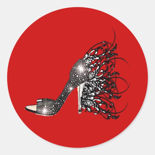 Sticker Rond Sparkling Black Stiletto sur rouge (Devant)