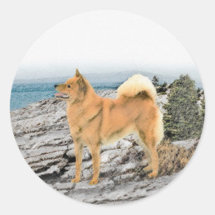 Sticker Rond Spitz finlandais à Seashore Peinture - Chien Art