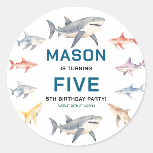 Sticker Rond Splash de requin Fête d'anniversaire de 5 ans En