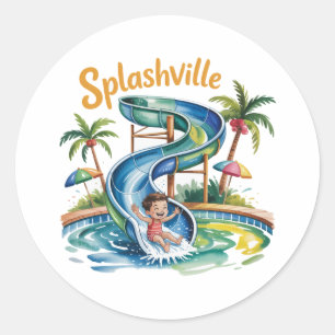 Sticker Rond Splashville Water Slide Boy Fête d'anniversaire