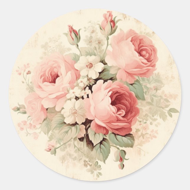 Sticker Rond Splendeur Usée, Rose Shabby Chic (Devant)