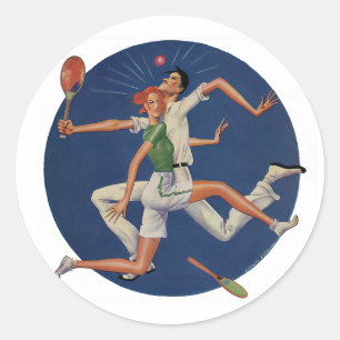 Sticker Rond Sports vintages, joueurs de tennis s'écrasent avec