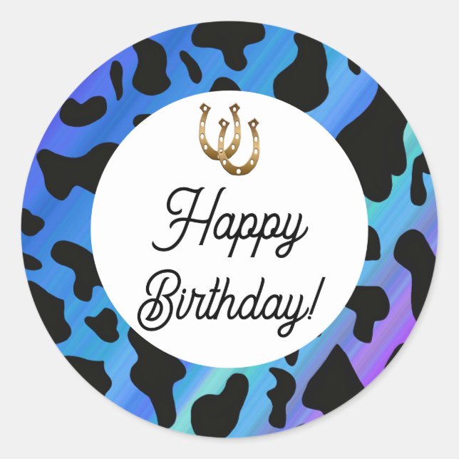 Sticker Rond Spots de vache bleu et noir Anniversaire (Devant)