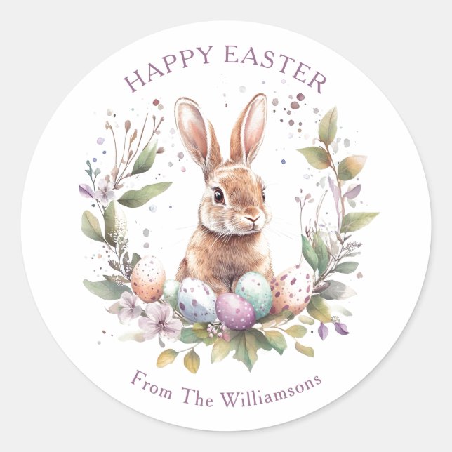 Sticker Rond Spring Bunny Easter Eggs Wreath Personalized (Devant)