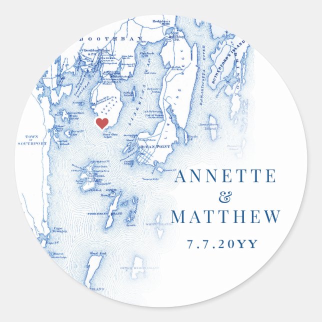 Sticker Rond Spruce Point Maine Carte Élégant Bleu Mariage Favo (Devant)