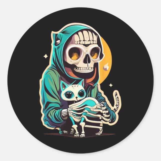 Sticker Rond Squelette Anime Tenant Une Chemise Chat Lazy Hallo (Devant)