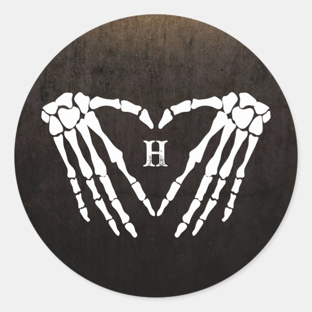Sticker Rond Squelette Coeur Monogramme Goth Halloween Mariage (Devant)