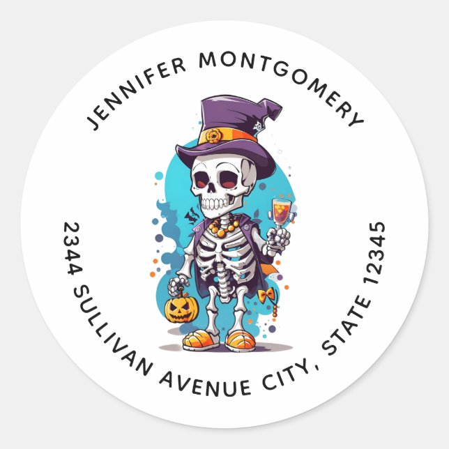 Sticker Rond Squelette cool dans une adresse Halloween Hat Top (Devant)