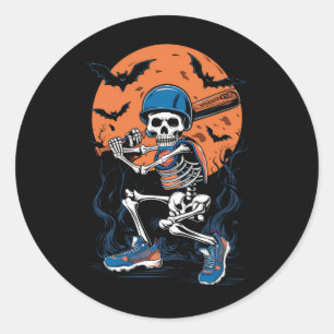 Sticker Rond Squelette de baseball Halloween Baseball Halloween
